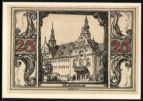 Notgeld Arnstadt, 1921, 25 Pfennig, Rathausabbildung mit kunstvollen Rahmenornamenten und Adler auf der Rückseite