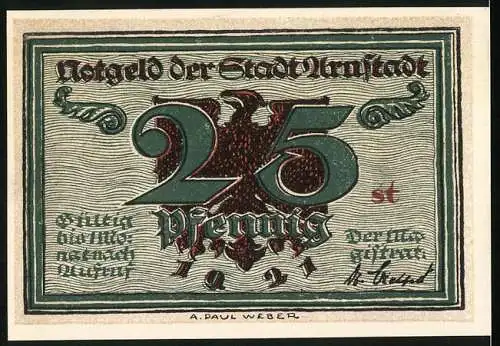 Notgeld Arnstadt, 1921, 25 Pfennig, Rathausabbildung mit kunstvollen Rahmenornamenten und Adler auf der Rückseite