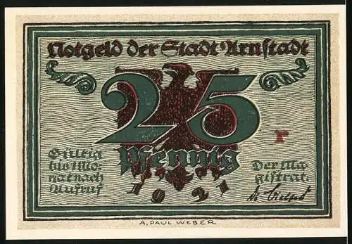 Notgeld Arnstadt, 1921, 25 Pfennig, Konstitutionskirche mit Hopfenbrunnen und Adler