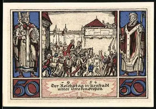 Notgeld Arnstadt 1921, 50 Pfennig, Der Reichstag in Arnstadt unter Otto dem Grossen, Rückseite mit Adler und Seriennummer