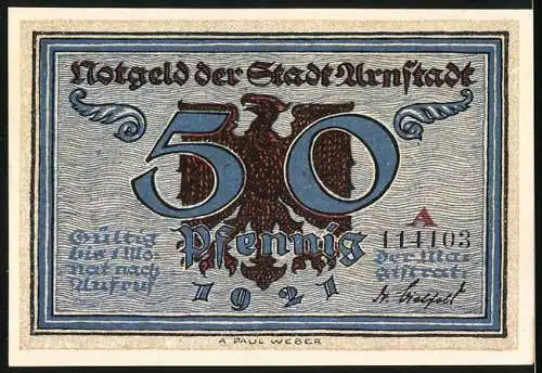 Notgeld Arnstadt 1921, 50 Pfennig, Der Reichstag in Arnstadt unter Otto dem Grossen, Rückseite mit Adler und Seriennummer