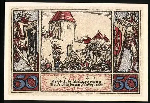 Notgeld Arnstadt, 1921, 50 Pfennig, Erfolgreiche Belagerung Arnstadts durch die Erfurter 1342