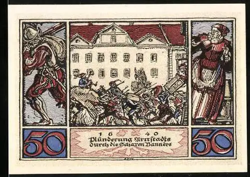 Notgeld Arnstadt 1921, 50 Pfennig, Plünderung Arnstadts durch die Scharen Banners 1640, Stadtwappen und Wertangabe