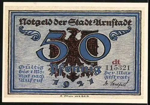 Notgeld Arnstadt 1921, 50 Pfennig, Plünderung Arnstadts durch die Scharen Banners 1640, Stadtwappen und Wertangabe