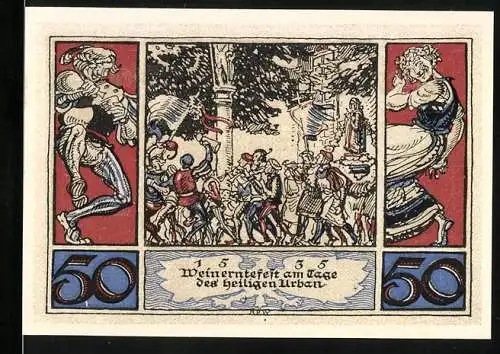 Notgeld Arnstadt, 1921, 50 Pfennig, Weinerntefest am Tage des heiligen Urban, Adler und Schriftzüge in Blau und Rot