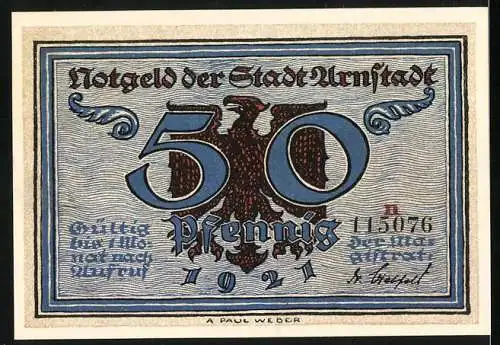 Notgeld Arnstadt, 1921, 50 Pfennig, Weinerntefest am Tage des heiligen Urban, Adler und Schriftzüge in Blau und Rot