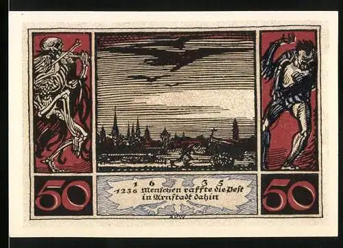 Notgeld Arnstadt 1921, 50 Pfennig, Darstellung des Skeletts und Teufels, Stadtansicht im Hintergrund