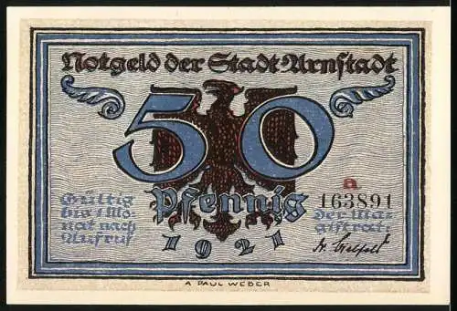 Notgeld Arnstadt 1921, 50 Pfennig, Darstellung des Skeletts und Teufels, Stadtansicht im Hintergrund