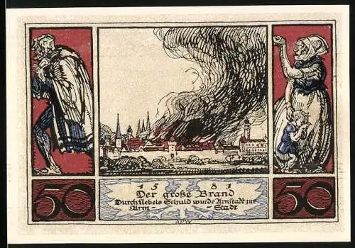 Notgeld Arnstadt, 1921, 50 Pfennig, Darstellung des grossen Brandes von 1581 und Stadtwappen