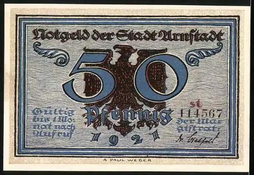 Notgeld Arnstadt, 1921, 50 Pfennig, Darstellung des grossen Brandes von 1581 und Stadtwappen