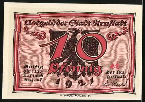 Notgeld Arnstadt, 1921, 10 Pfennig, Tanzende Männer und Adler-Design