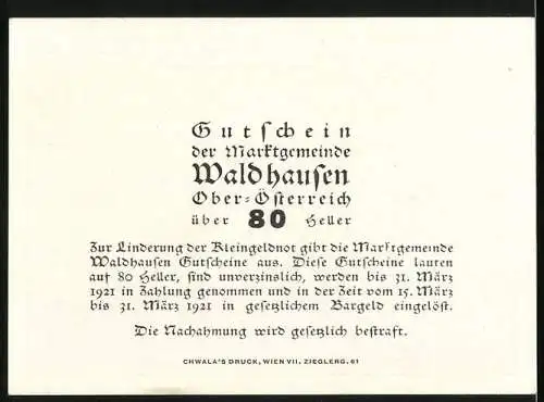 Notgeld Waldhausen, 1921, 80 Heller, Landschaft mit Kirche und Hügeln, Gutschein zur Linderung der Kleingeldnot