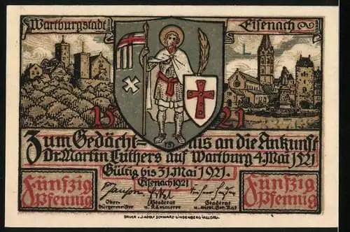 Notgeld Eisenach 1921, 50 Pfennig, Lutherfeier und historische Stadtansicht