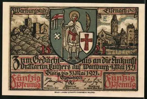 Notgeld Eisenach 1921, 50 Pfennig, Juncker Jörg übersetzt das neue Testament, Gültig bis 31. Mai 1921