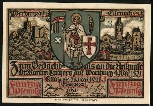 Notgeld Eisenach 1921, 50 Pfennig, Lutherfeier und Wartburgmotiv, Gültig bis 31. Mai 1921