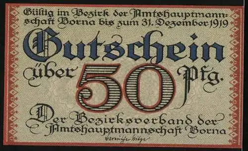 Notgeld Borna 1919, 50 Pfennig, Gutschein über 50 Pfennig, grün und rot mit Burgenmotiv und dekorativer Schrift