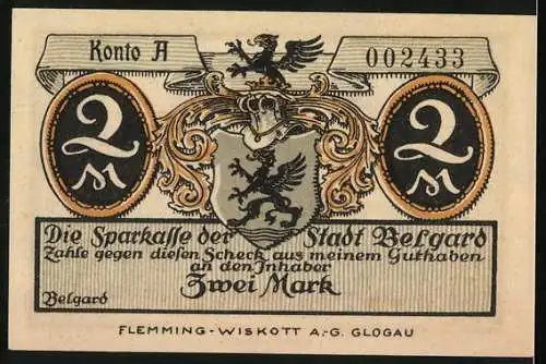 Notgeld Belgard, 2 Mark, St. Marienkirche mit Wappen und Seriennummer 002433