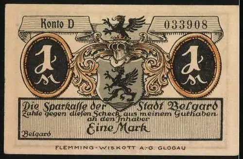 Notgeld Belgard, 1 Mark, Am Strillengang mit Stadtwappen und Konto D