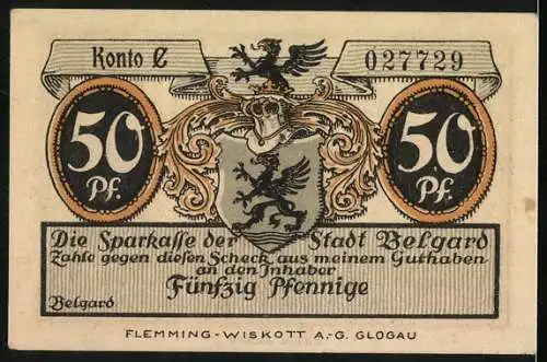 Notgeld Belgard, 50 Pfennig, Stadtansicht und Wappen der Stadt Belgard, 1920er Jahre