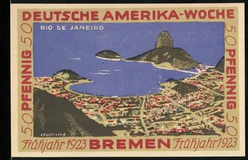 Notgeld Bremen 1923, 50 Pfennig, Deutsche Amerika-Woche, Rio de Janeiro Motiv, internationale Flaggen und Symbole