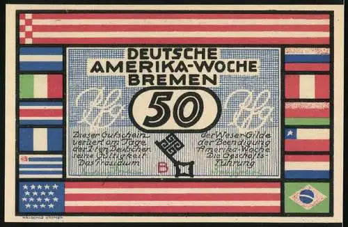 Notgeld Bremen 1923, 50 Pfennig, Deutsche Amerika-Woche, Rio de Janeiro Motiv, internationale Flaggen und Symbole
