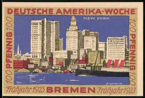 Notgeld Bremen 1923, 100 Pfennig, Deutsche Amerika-Woche, Vorderseite New York Skyline, Rückseite verschiedene Flaggen