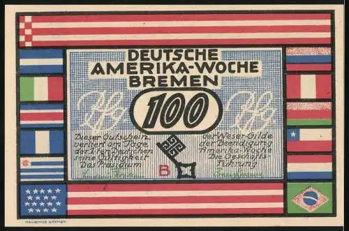 Notgeld Bremen 1923, 100 Pfennig, Deutsche Amerika-Woche, Vorderseite New York Skyline, Rückseite verschiedene Flaggen