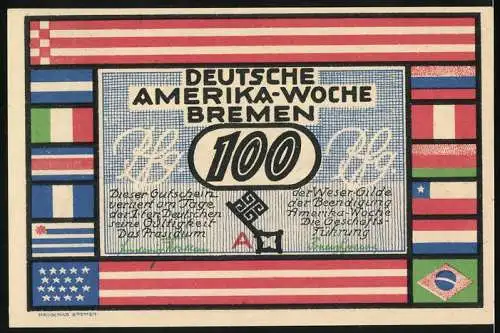 Notgeld Bremen, Frühjahr 1923, 100 Pfennig, Deutsche Amerika-Woche, Rathaus und Flaggenmuster