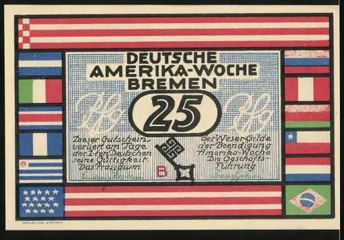 Notgeld Bremen, Frühjahr 1923, 25 Pfennig, Deutsche Amerika-Woche mit Santiago de Chile und Flaggenmuster