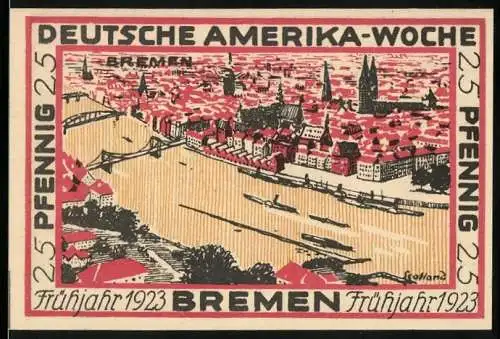 Notgeld Bremen, Frühjahr 1923, 25 Pfennig, Deutsche Amerika-Woche, Stadtansicht von Bremen und internationalen Flaggen