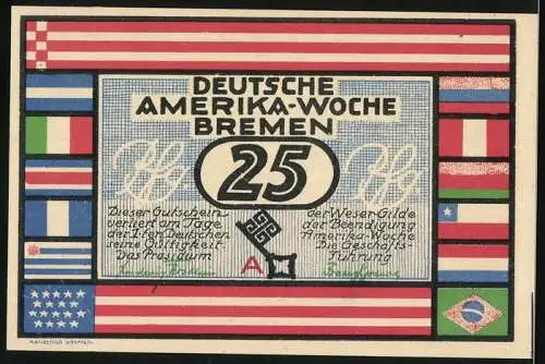 Notgeld Bremen, Frühjahr 1923, 25 Pfennig, Deutsche Amerika-Woche, Stadtansicht von Bremen und internationalen Flaggen
