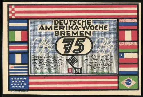 Notgeld Bremen 1923, 75 Pfennig, Deutsche Amerika-Woche mit internationalen Flaggen und Hafenansicht Buenos Aires