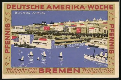 Notgeld Bremen 1923, 75 Pfennig, Deutsche Amerika-Woche mit internationalen Flaggen und Hafenansicht Buenos Aires