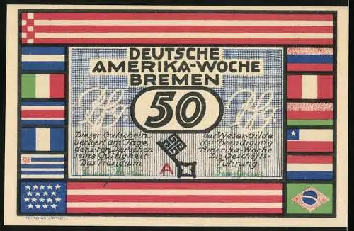 Notgeld Bremen 1923, 50 Pfennig, Werft & Hafenanlagen in Vegesack, internationale Fahnen