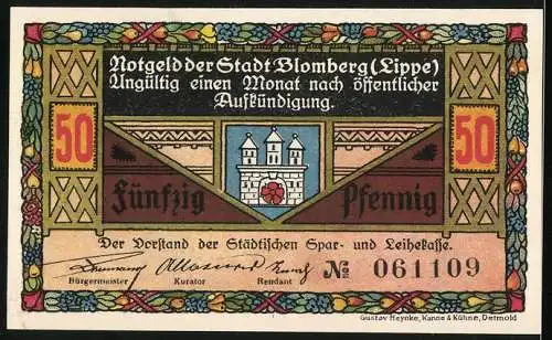 Notgeld Blomberg, 50 Pfennig, Rathaus und Stadtwappen, farbenfrohes Design mit floralen Mustern