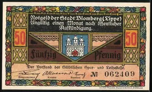 Notgeld Blomberg (Lippe), 50 Pfennig, Burgtor und Weinbergtor, Gültig einen Monat nach öffentlicher Aufkündigung