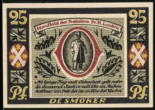 Notgeld Ahaus, 1921, 25 Pfennig, Standbild des Professors Dr. H. Landois mit Stadtwappen und Seriennummer 091774