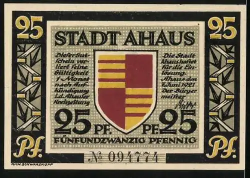 Notgeld Ahaus, 1921, 25 Pfennig, Standbild des Professors Dr. H. Landois mit Stadtwappen und Seriennummer 091774