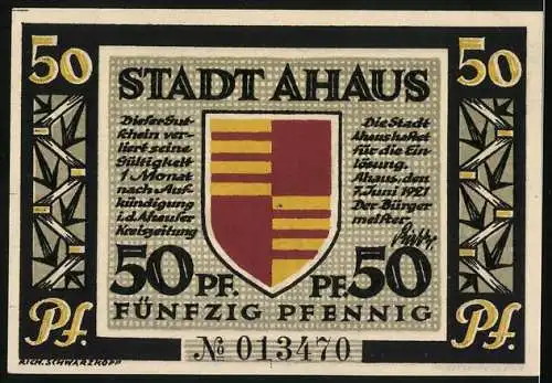 Notgeld Ahaus, 1921, 50 Pfennig, Schloss Ahaus und Stadtwappen mit Text über Gültigkeit