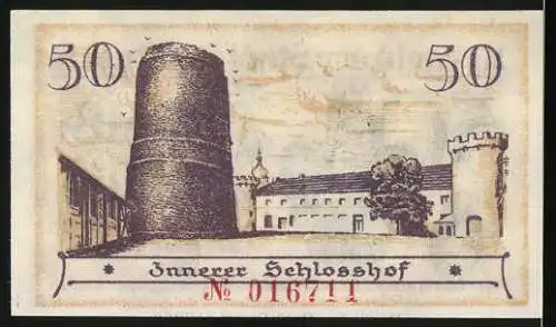 Notgeld Neustadt, 1920, 50 Pfennig, Vorderseite Wappen mit Inschrift, Rückseite Innerer Schlosshof