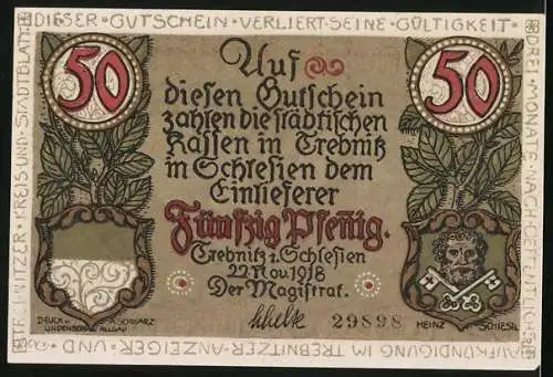 Notgeld Trebnitz i. Schlesien, 1918, 50 Pfennig, Gebäudeansichten und Stadtwappen