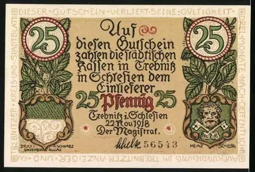 Notgeld Trebnitz 1918, 25 Pfennig, Gebäude und Wappen mit Ornamenten