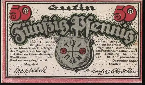 Notgeld Eutin, 1920, 50 Pfennig, mit Schloss und Rosenmotiven, Rückseite mit Text und Wappen