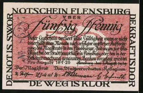 Notgeld Flensburg, 1920, 50 Pfennig, Deutschland und Dänemark, Familie und Text