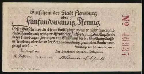 Notgeld Flensburg 1920, 25 Pfennig, Jung holt fast, Stadtwappen mit Tauziehenden auf der Vorderseite