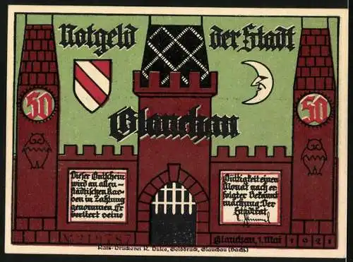 Notgeld Glauchau 1920, 50 Pfennig, Silhouetten von Personen und Stadttor, farbig gestaltet