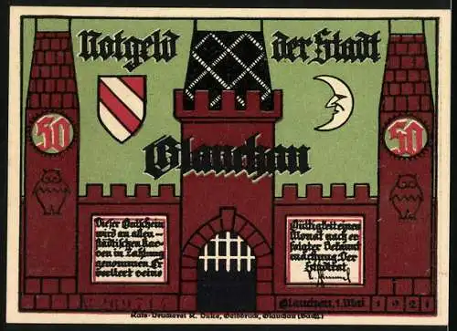 Notgeld Glauchau 1921, 50 Pfennig, Gendarm führt Verbrecher ab, Burg & Wappen