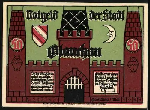 Notgeld Glauchau 1921, 50 Pfennig, Edelmann wird von Bauern demütig gegrüsst, Burg & Wappen