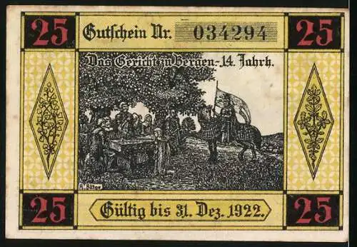 Notgeld Bergen an der Dumme, 1922, 25 Pfennig, Gutschein der Gemeindesparkasse, Das Gericht in Bergen