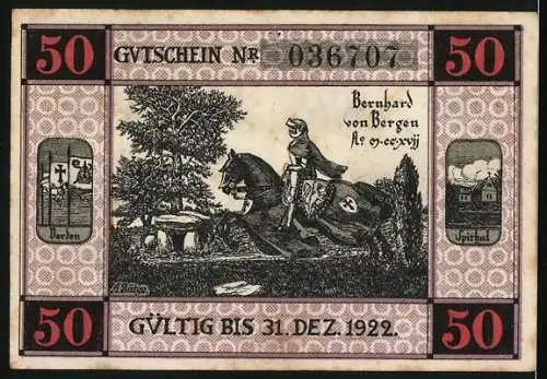 Notgeld Bergen an der Dumme, 1922, 50 Pfennig, Gutschein der Gemeindesparkasse mit Bernhard von Bergen Illustration